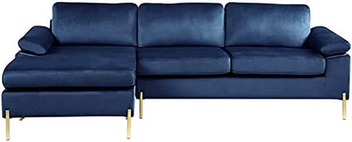 Blue Velvet Sectional Sofa with Gold Legs
