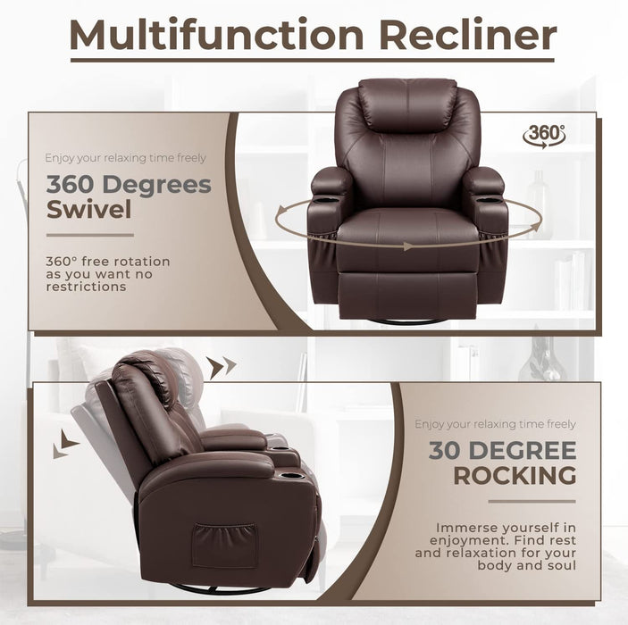 PU Leather Recliner Chair with Massage and Heat (Brown)