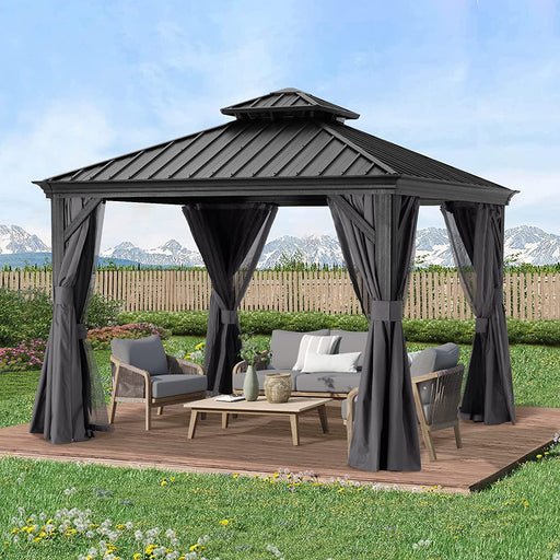 10X10 Hardtop Gazebo - Outdoor Permanent Gazebo with Galvanized Steel Double Roof, Aluminum Pavilion with Netting and Curtain for Patio, Lawn, Garden (Gray)