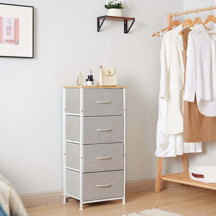 4-Drawer Tall Dresser with Removable Fabric Bins, Grey/Natural Maple