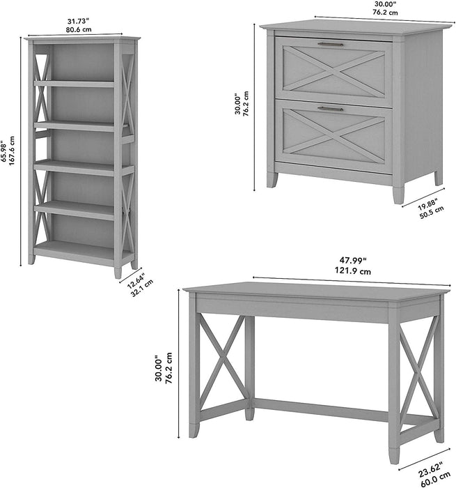 Key West Desk with File Cabinet, Bookcase, Gray