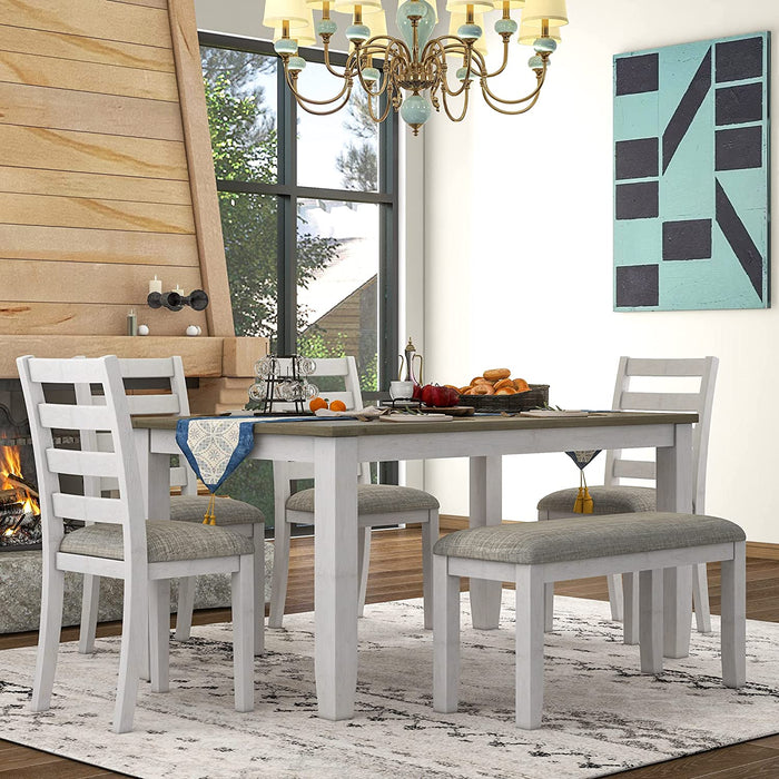 6-Piece Rustic Wooden Dining Table Set with Bench, Brown