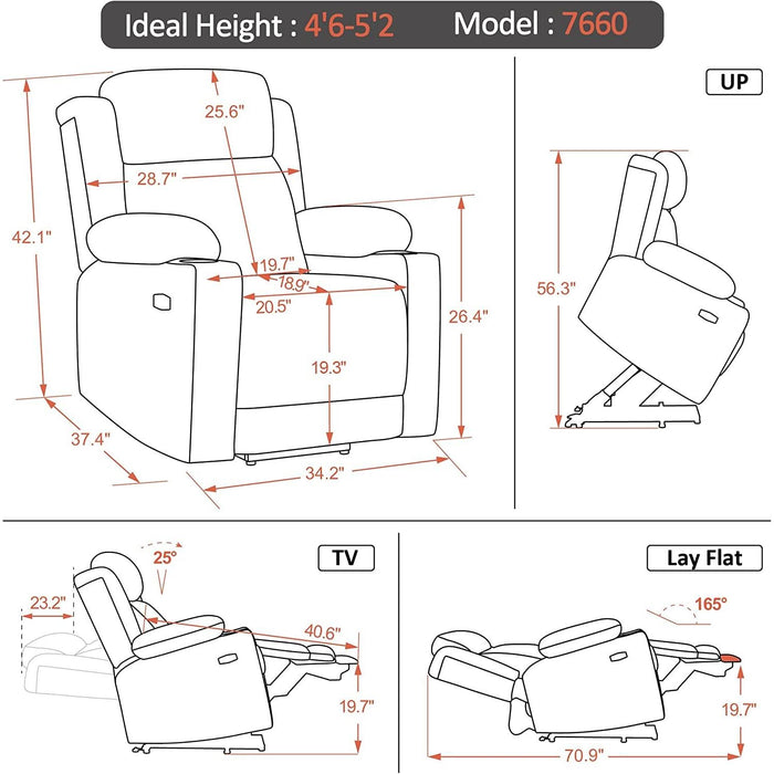 Lay Flat Lift Recliner with Power Headrest, Massage and Heat, Fabric, Burgundy, Small