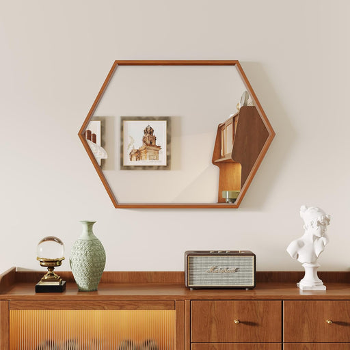 Wall Mounted Mirror Horizontally or Vertically, 32'' X 24" Hexagon Hanging Wall Mirror, Farmhouse Decorative Wood Mirror for the Living Room, Bedroom, Entryway, Store, Hotel (Walnut)