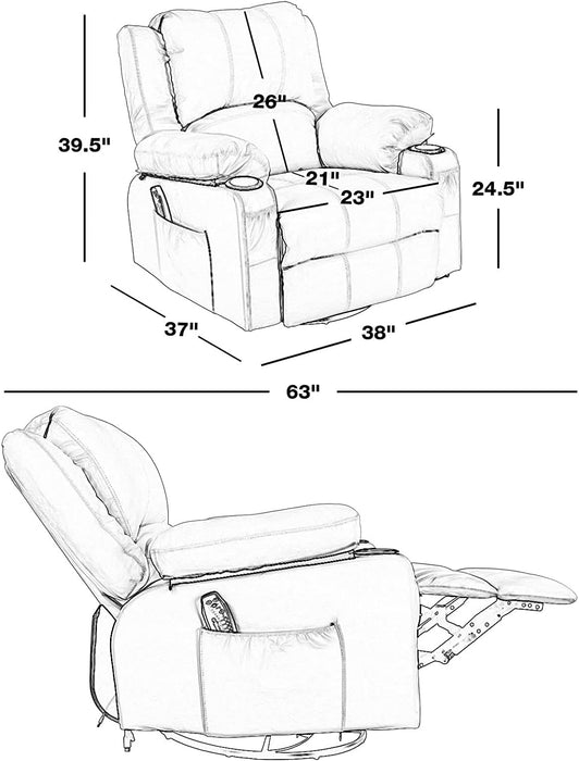 Leather Rocker Recliner Chair with Massage, Swivel, Drink Holders, Khaki