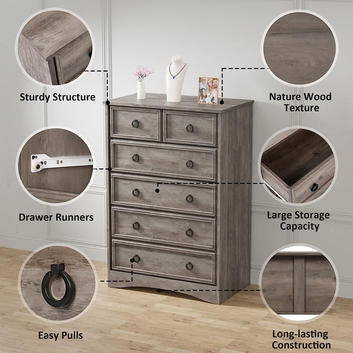 Gray Wash Tall Dresser with 6 Drawers for Bedroom Storage