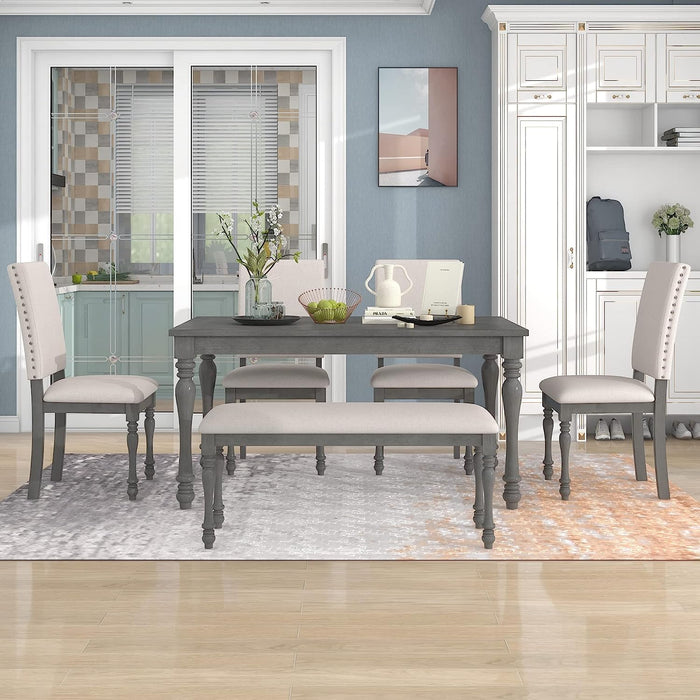 French Style 6-Piece Dining Table Set with Bench, Gray