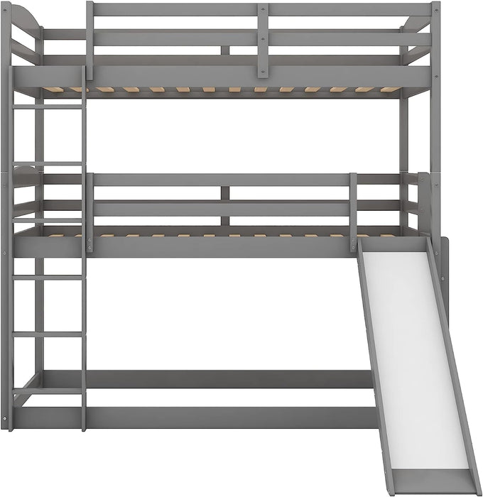 Twin over Twin Triple Bunk Bed with Slide and Guard Rails