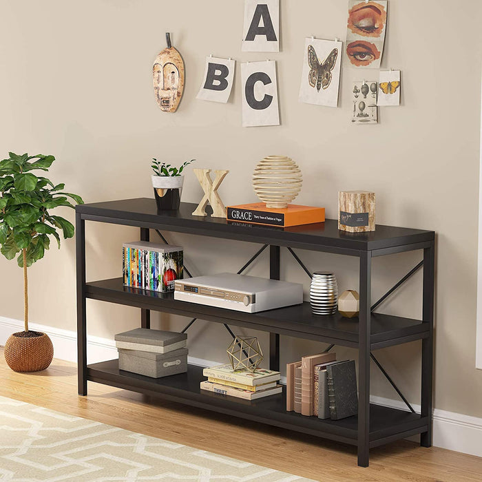 3-Tier Black Sofa Table with Storage Shelves