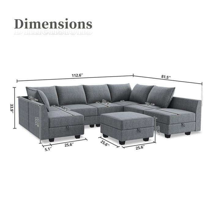 8-Seats Reversible Sectional Sofa Couch Set for for Apartment/Living Room with Storage Ottoman, Bluish Grey