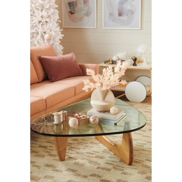 Mid Century Glass Top End Table - Light Walnut