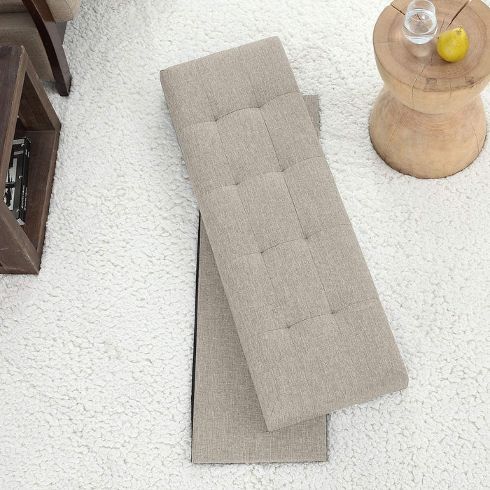 Foldable Tufted Linen Storage Ottoman Bench (Beige)