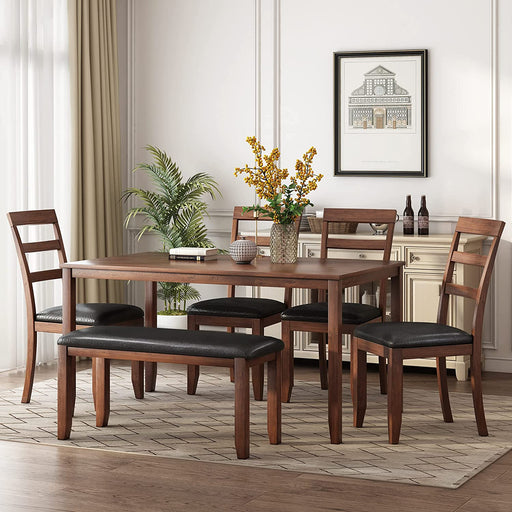 6 Piece Wooden Dining Table Set for 4-6 with Bench and Chairs