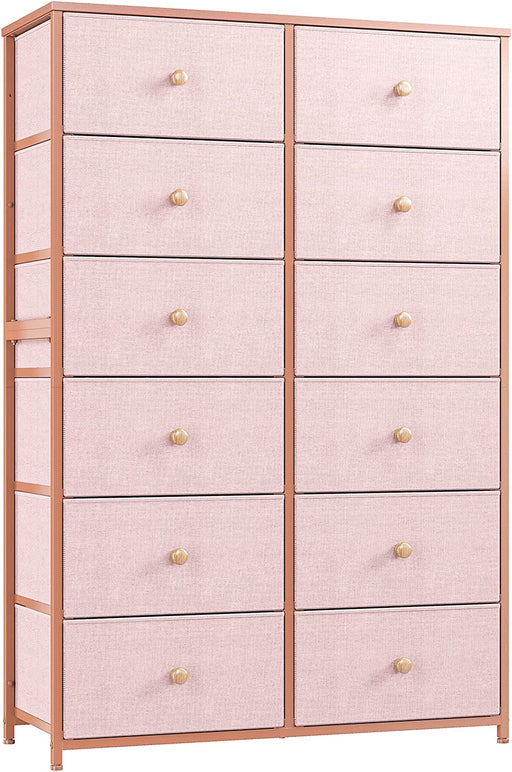 Pink 12-Drawer Dresser with Wooden Top and Metal Frame