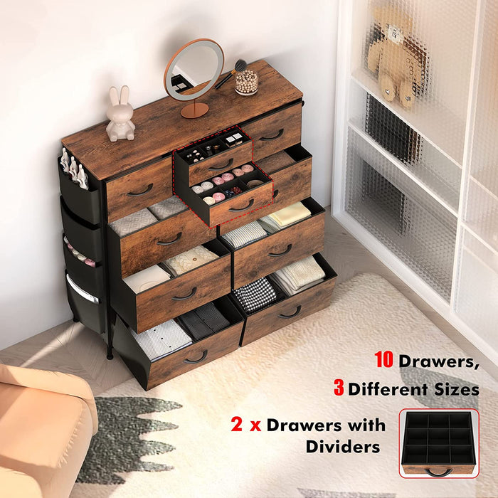 Rustic Brown 10-Drawer Chest of Drawers with Side Pockets