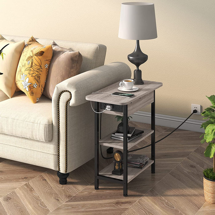 End Table with Charging Station, Flip Top Side Table for Small Spaces, Greige