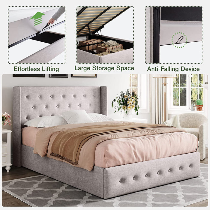 Full Platform Bed Frame with Lifting Storage, Wingback Headboard