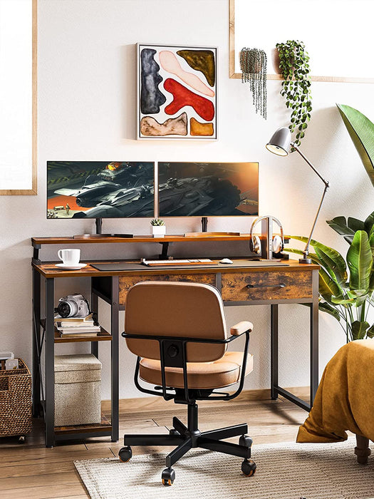 Rustic Brown Computer Desk with Drawers & Shelves