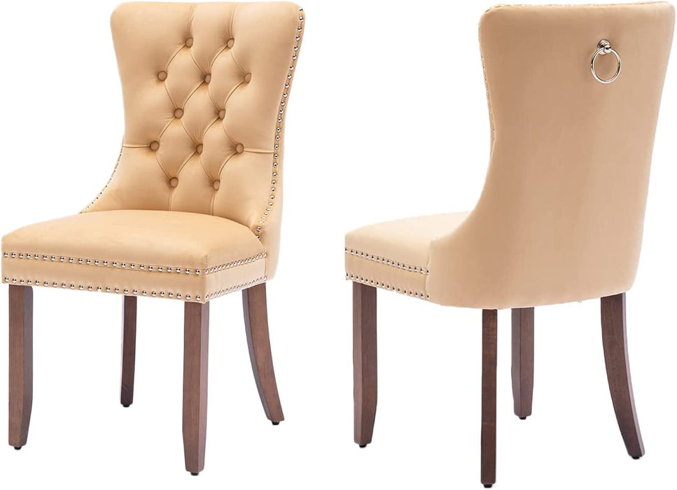 Set of 2 Beige Velvet Upholstered Dining Chairs, Button Tufted, Nailhead Trim, Back Ring Pull, Gold, 20″ Seat Height