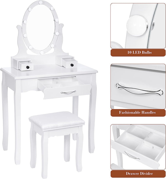 White Makeup Vanity Set with LED Lighted Mirror