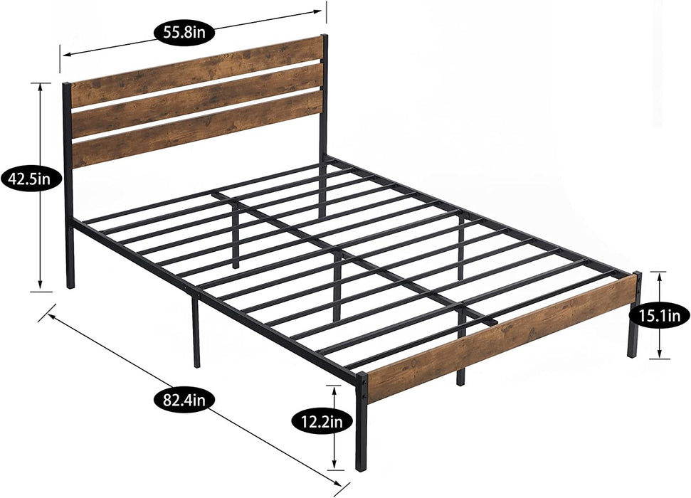 Rustic Platform Bed Frame, Strong Metal Slats