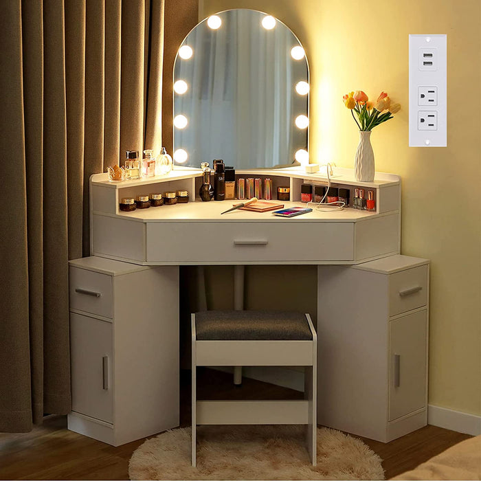 Corner Vanity Desk with Mirror and Lights