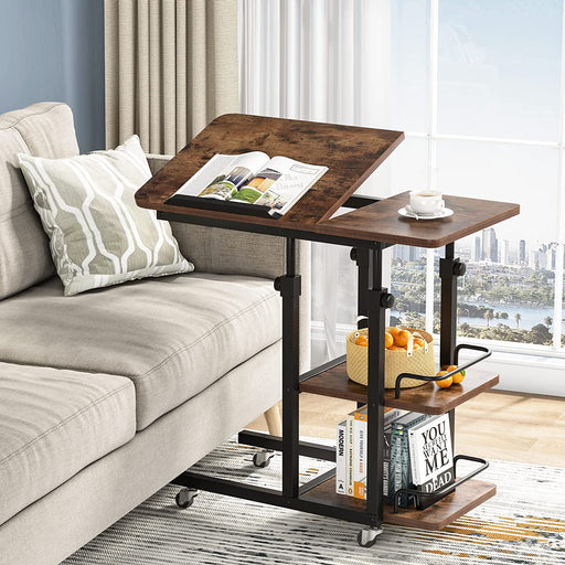 Rustic Brown Rolling C Table with Storage