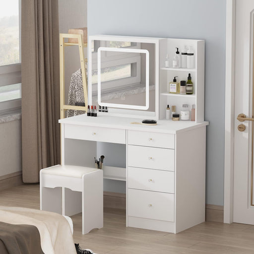 White Makeup Table with Sliding Lighted Mirror
