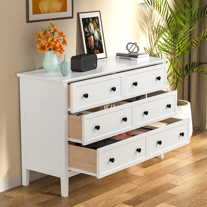 Modern White 6-Drawer Dresser with Metal Handles