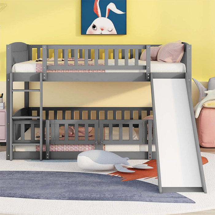Gray Bunk Bed with Fence, Slide, and Ladder