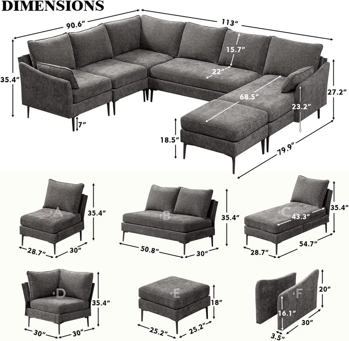 Grey U-Shaped Modular Sofa with Sleeper and Chaise