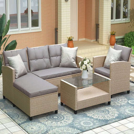 4 Piece Outdoor Patio Furniture Sets, Wicker Conversation Set for Porch Deck, Beige Brown Rattan Sofa Chair with Cushion & Glass Coffee Table