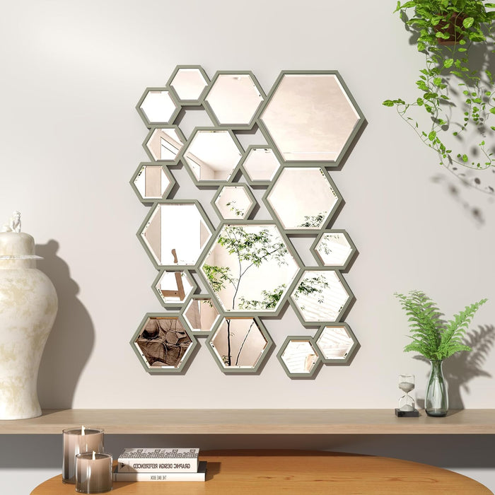 KOHORS Modern Hexagon Wooden Framed Wall Mirror for Living Room,Bedroom,Entryways,Home Decor(W 31.4" X H 23.6" Honey Comb)