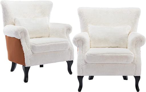 2 White Fur Accent Chairs with Pillow