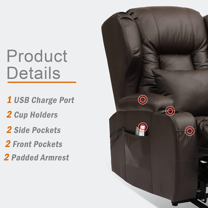 Dark Brown PU Electric Power Lift Recliner with Massage & Heat