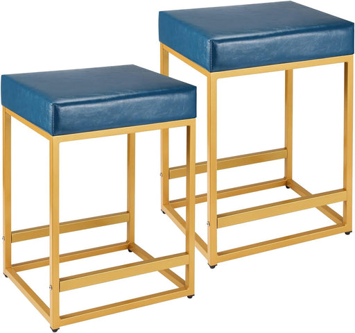 Blue Leather Counter Stools, Set of 2, 24 Inch