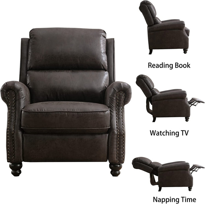 Pushback Recliner Chair, Leather, Rivet Decoration, Dark Grey