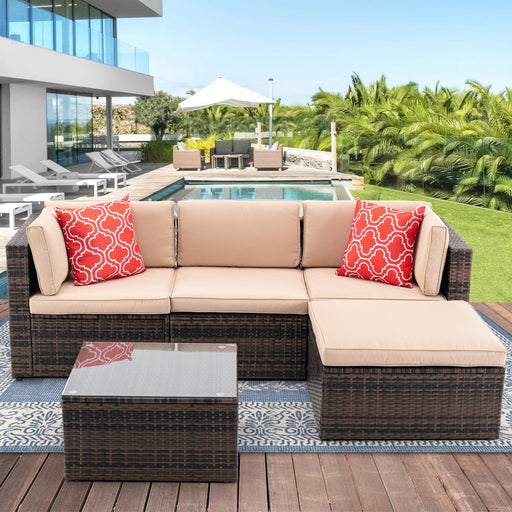 5 Pieces Outdoor Patio Sectional Sets, Patio PE Rattan Wicker Sofa Set, Outdoor Sectional Conversation Furniture Chair Set with Cushions & Coffee Table, Beige