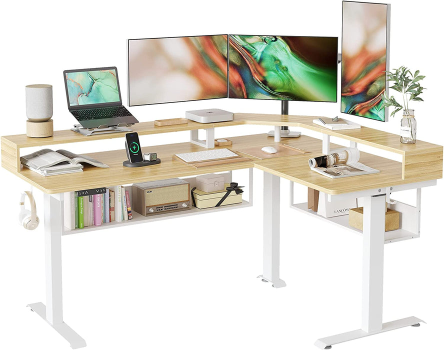 L-Shaped Standing Desk with Shelves, Triple Motors, Oak