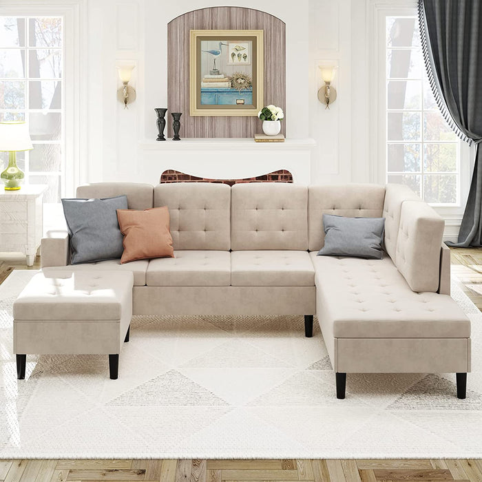 Modern Tufted L-Shaped Sectional Sofa with Ottoman, Beige