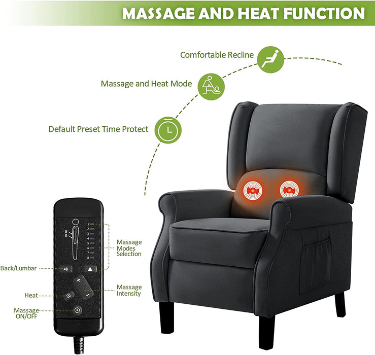 Charcoal Tufted Wingback Recliner Chairs with Heat & Massage