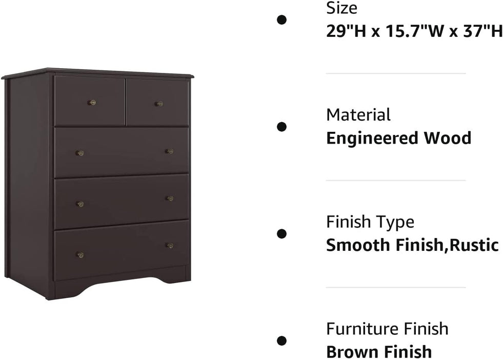 Dark Brown Retro 5-Drawer Wooden Dresser