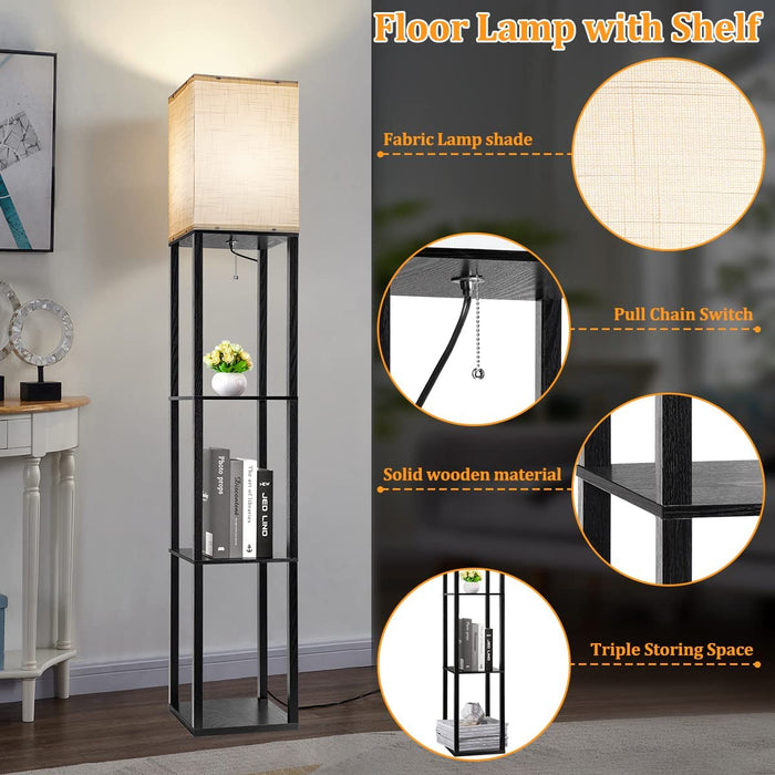 Floor Lamp with Shelves,Shelf Floor Lamps for Living Room with 3 Color Temperature LED Bulb,Storage Wood Texture Modern Floor Lamp with White Linen Shade,Display Standing Lamp for Living Room, Bedroom