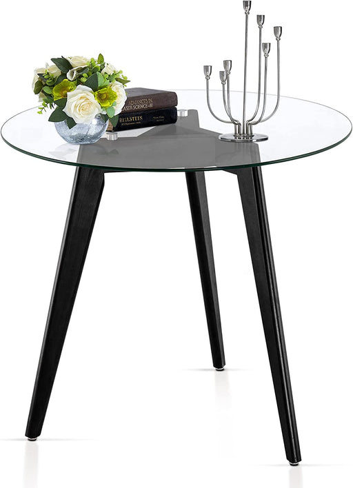 Modern Glass Dining Table with Wood Legs, Black