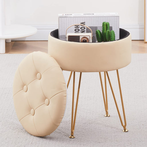 Beige Ottoman with Metal Legs and Tray Top