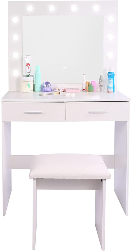 Lighted Vanity Table Set with 12 LED Lights, 2 Drawers (White)