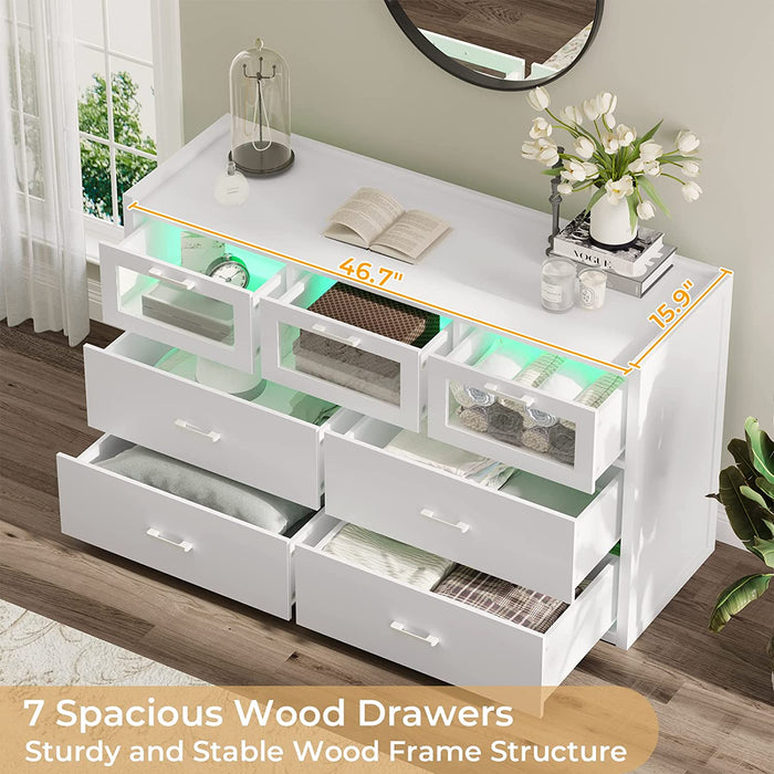 White LED Light Dresser with 7 Drawers for Bedroom