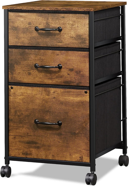 Rolling File Cabinet with 3 Drawers, Rustic Brown
