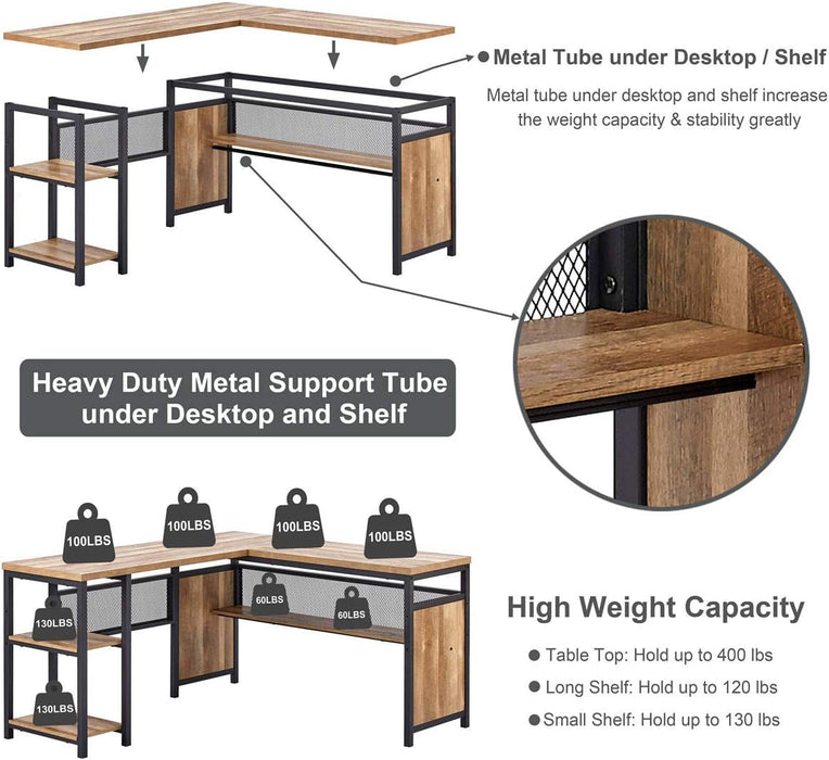 Rustic Industrial L-Shaped Office Desk with Shelves