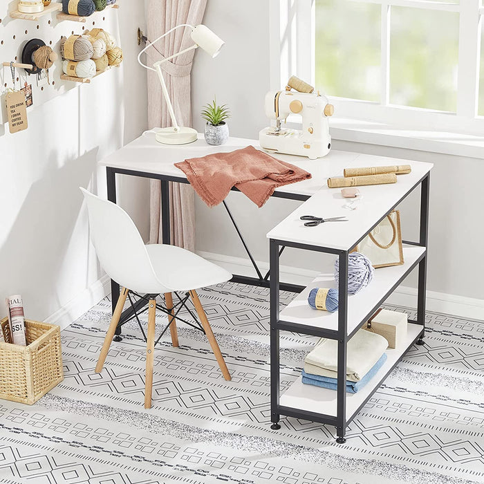 Small L-Shaped Desk with Storage Shelf, White